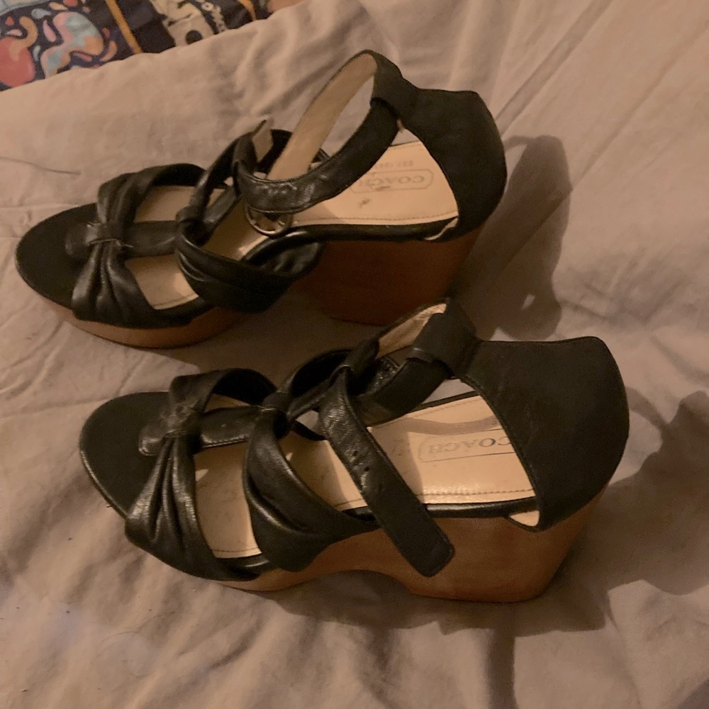 Coach Black Leather Wedge Sandals
